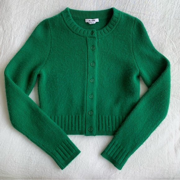 Redone Baby Cashmere Crewneck Button Cropped Knit Sweater...
